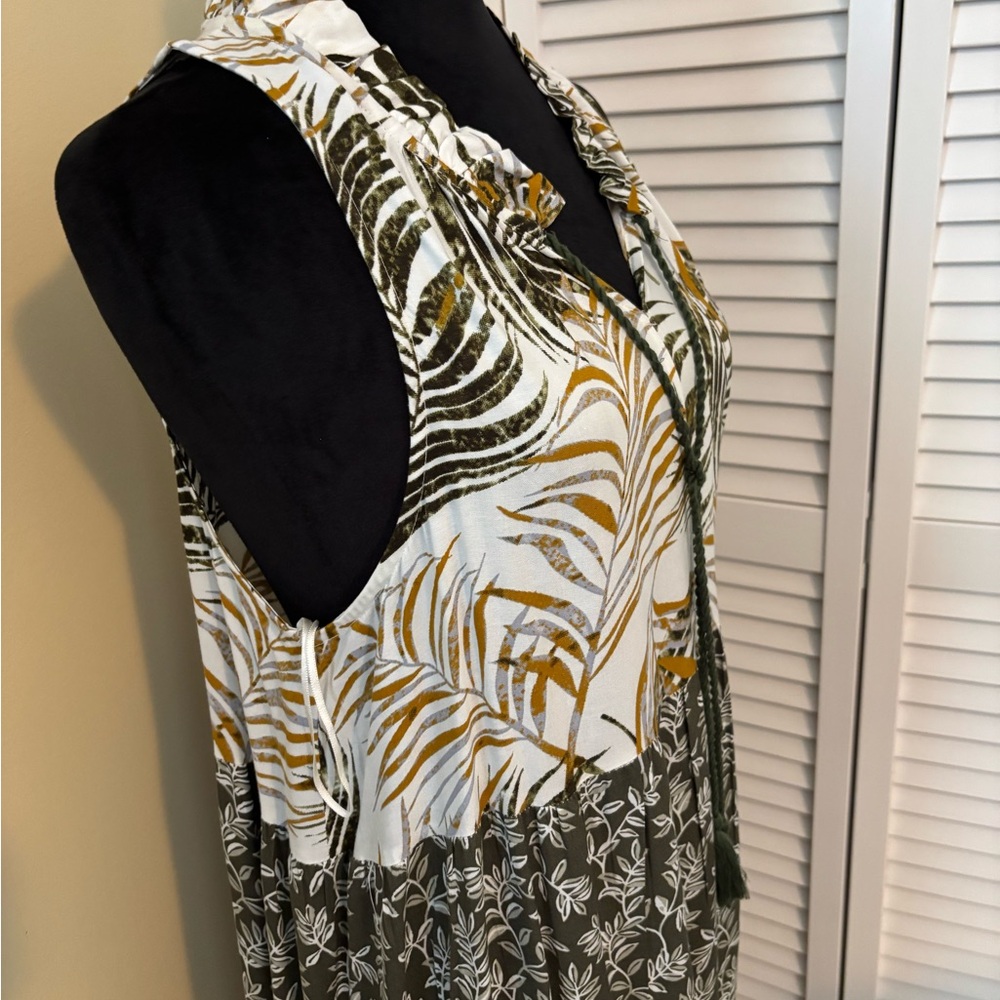 V-Neck Olive and White Printed Maxi Dress with Tassel Tie